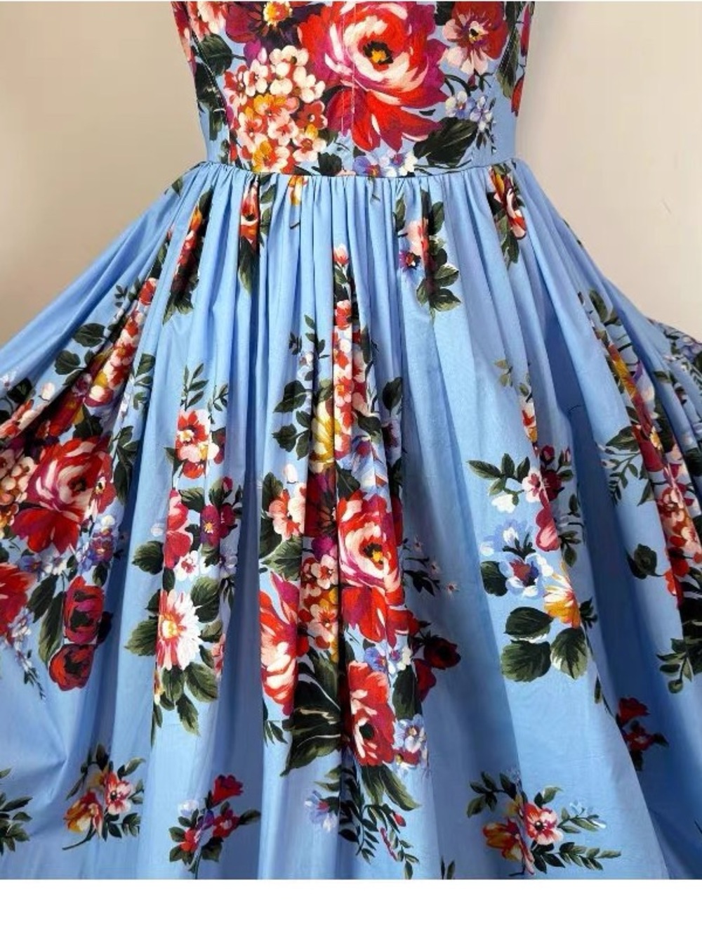 Luxury 100% Cotton Blue Floral Maxi Dress with Red Rose Print - Picture 5 of 14